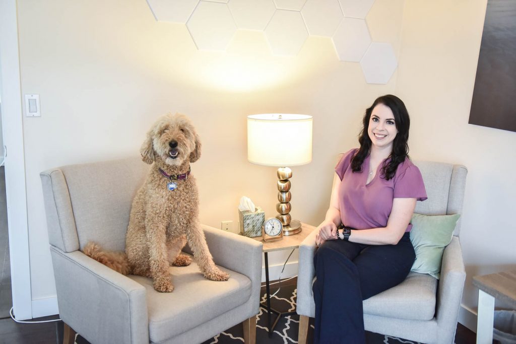 Megan Logan with Therapy Dog | Evergreen Wellness | Integrated Mental & Physical Wellness Centre | Olds and Didsbury Alberta